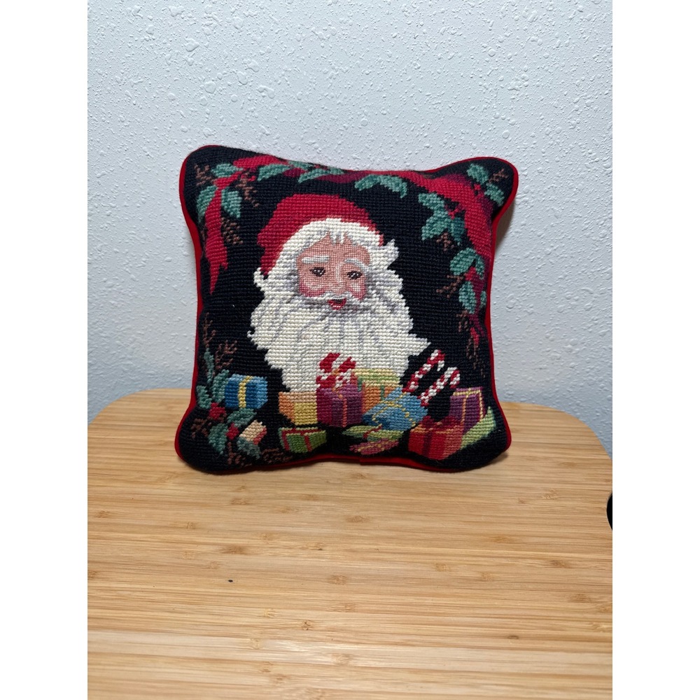 Vintage Imperial Elegance Santa Needlepoint Pillow Small Red Black Christmas
